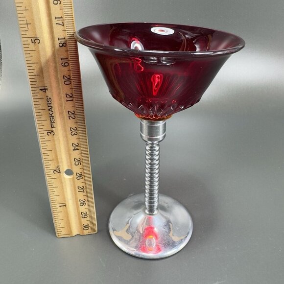 Art Deco Ruby Red Cadmium UV Glow Cocktail Glass Cups Chrome Stems Glasses Set2 - Picture 4 of 15
